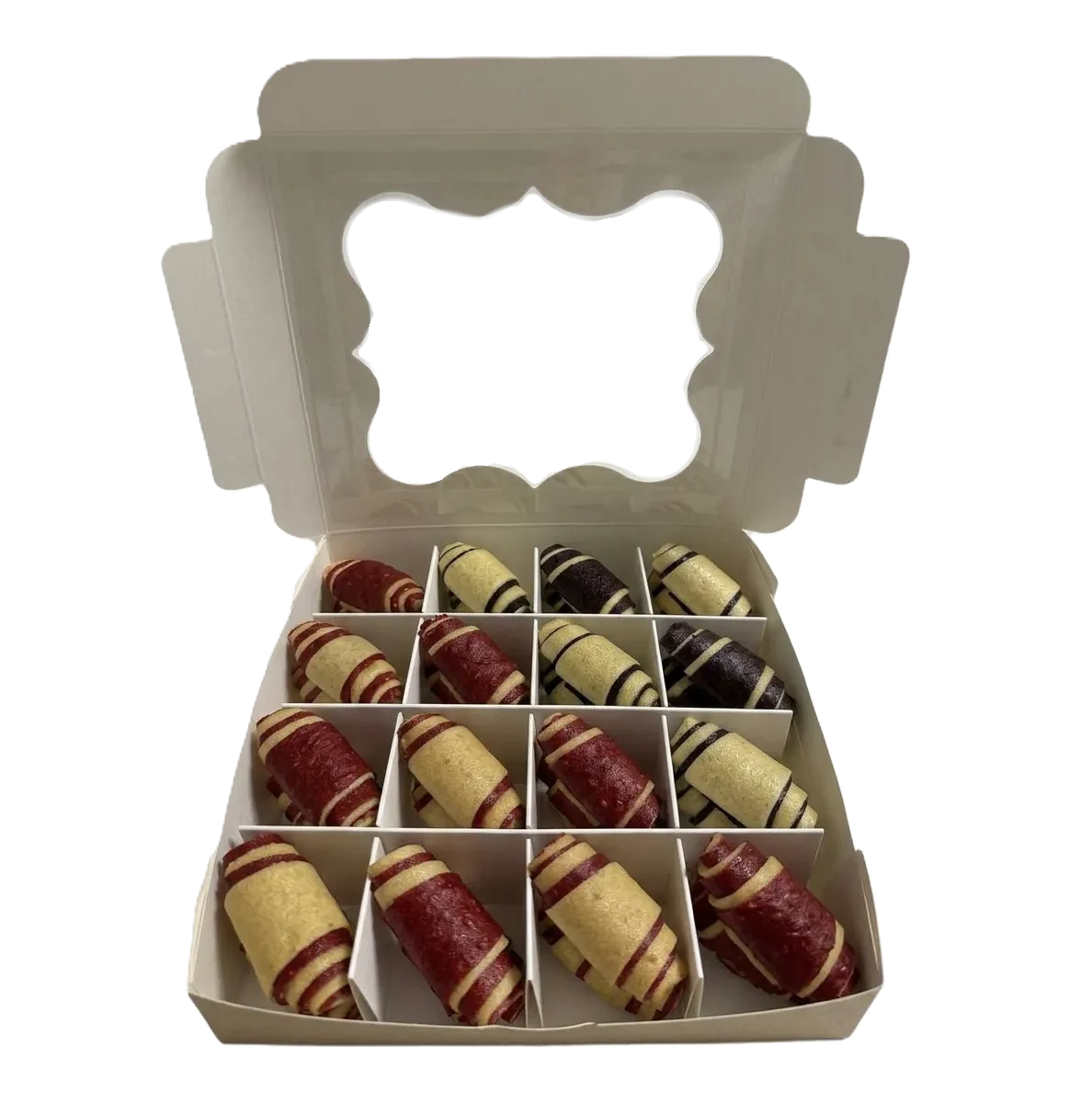 Weiße Geschenkbox in Bonbon-Form, gefüllt mit Fruchtleder-Rollen aus Ananas, Apfel, Himbeere und verschiedene beeren sorten 170g Mix.