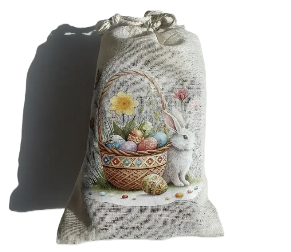 Oster-Geschenkbeutel aus Leinen mit Hasen-Motiv und bunten Ostereiern im Korb für Fruchtleder-Snacks.