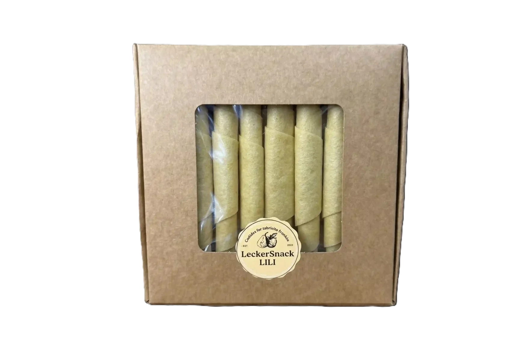 Braune Geschenkbox mit Sichtfenster, gefüllt mit hellorangefarbenen Melonen-Fruchtleder-Rollen und LeckerSnackLILI Siegel.