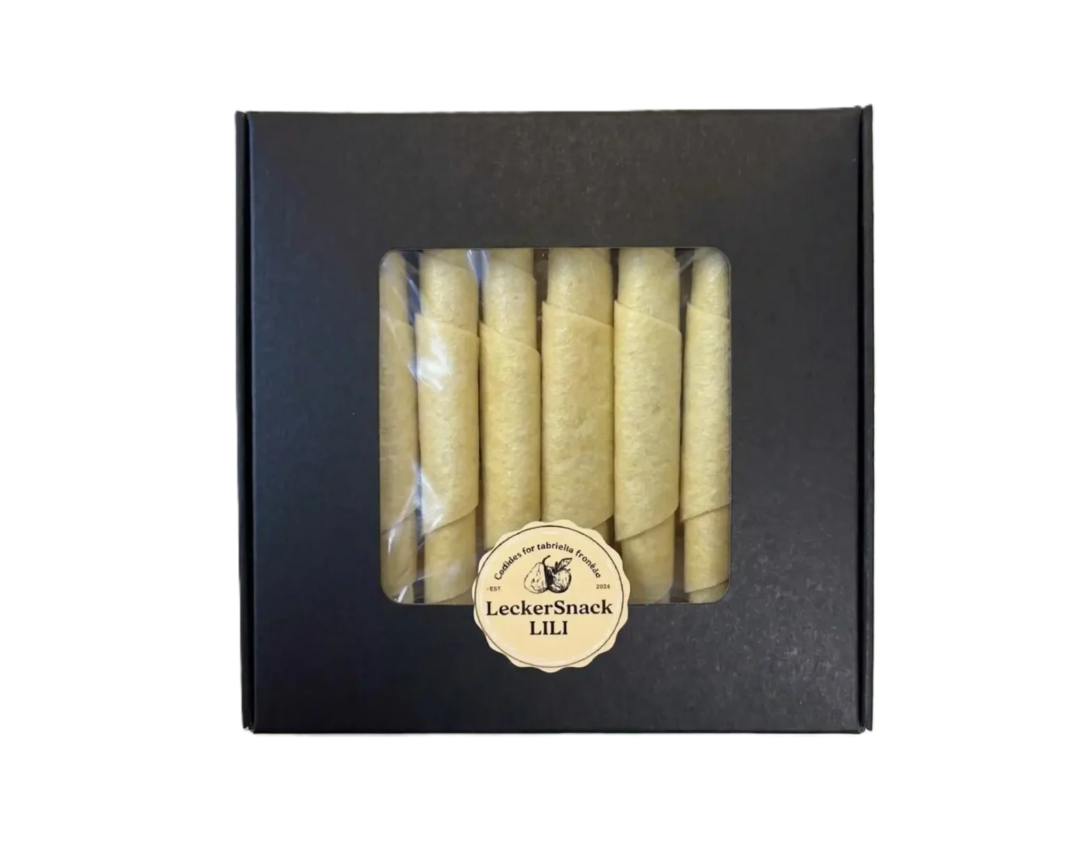 Schwarze Geschenkbox mit Sichtfenster, gefüllt mit hellorangefarbenen Melonen-Fruchtleder-Rollen und LeckerSnackLILI Siegel.