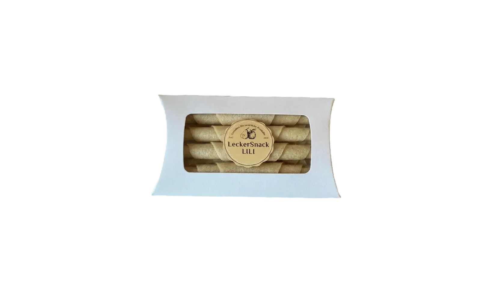 Weiße Geschenkbox mit Sichtfenster, gefüllt mit hellorangefarbenen Melonen-Fruchtleder-Rollen und LeckerSnackLILI Siegel.