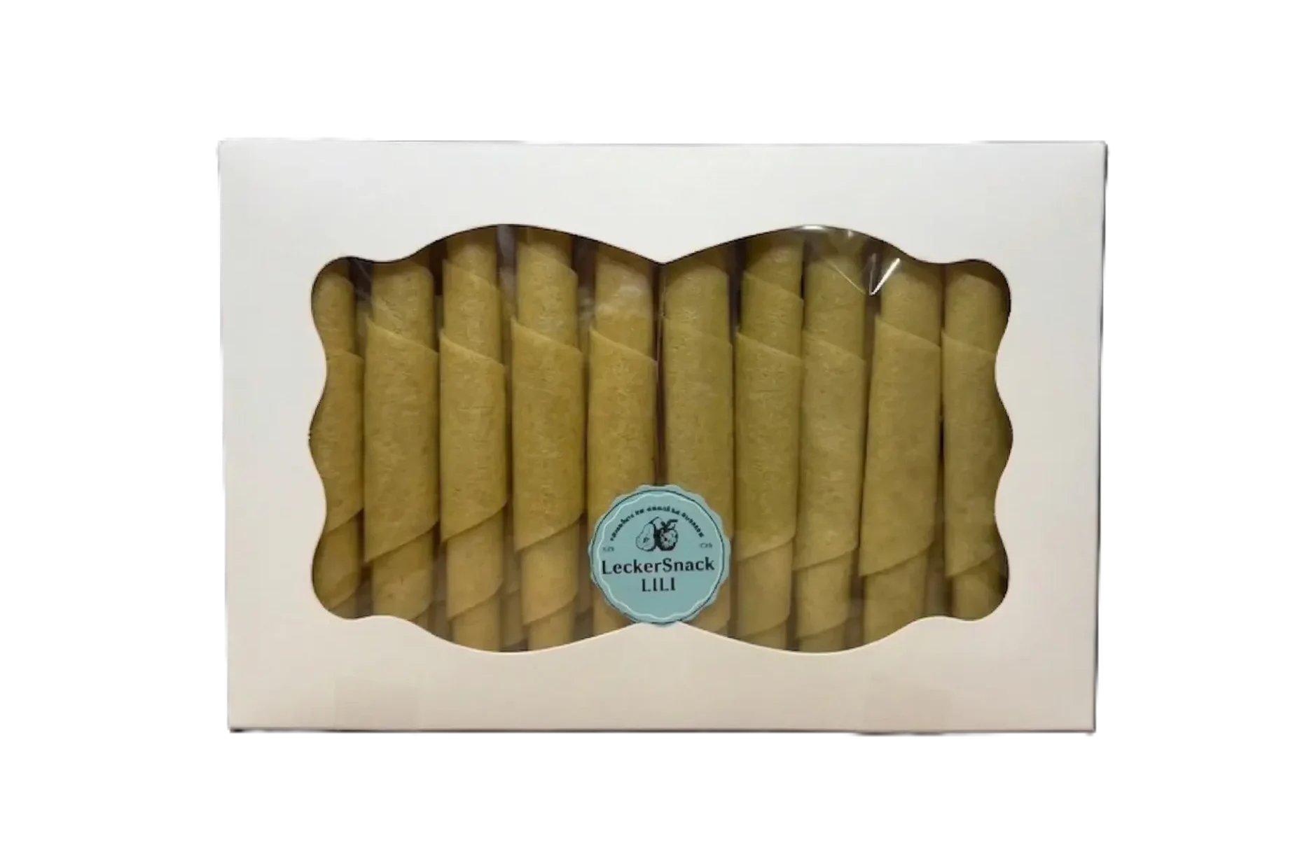 Weiße Geschenkbox mit Sichtfenster, gefüllt mit hellorangefarbenen Melonen-Fruchtleder-Rollen und LeckerSnackLILI Siegel.