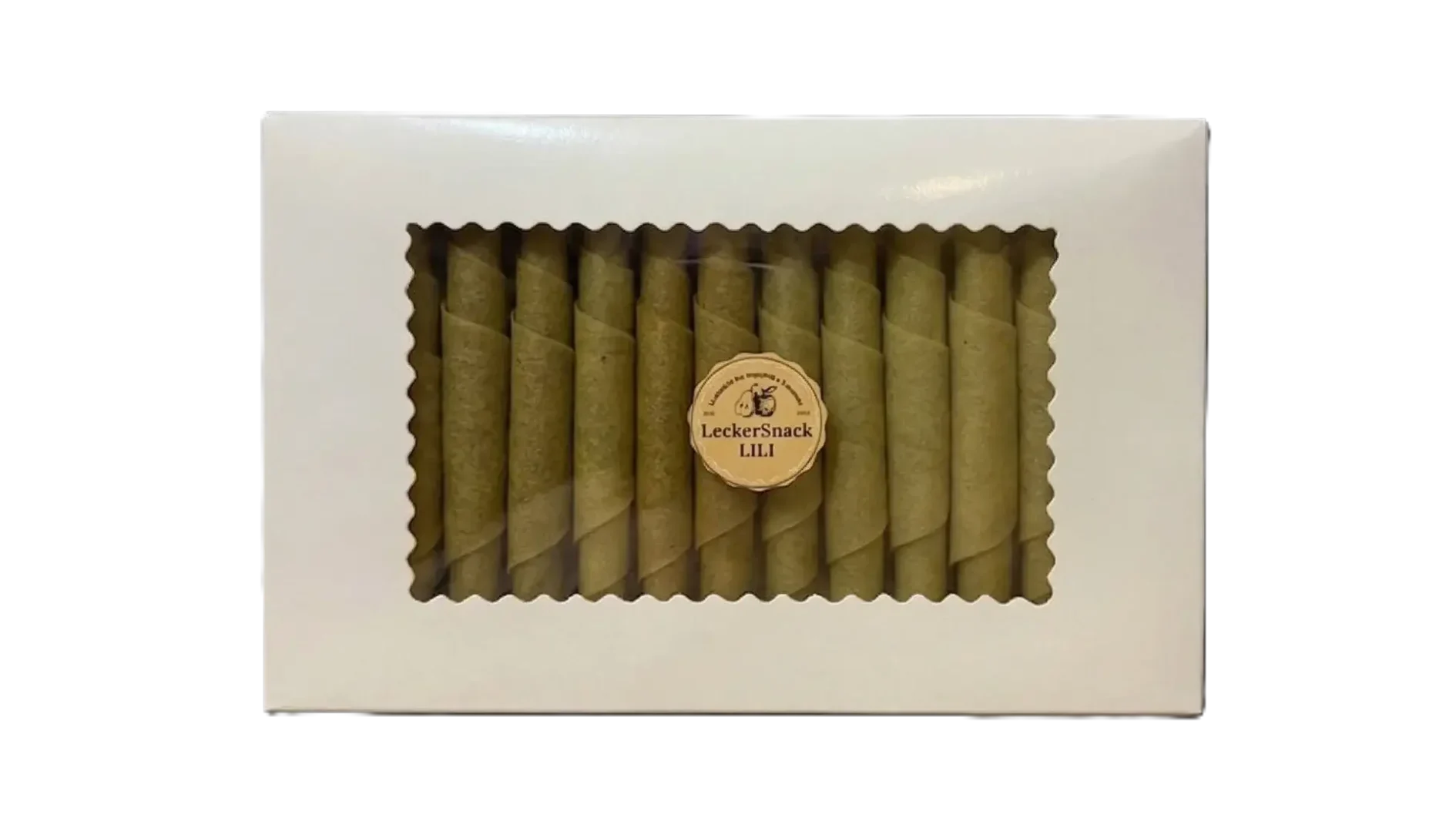 Weiße Geschenkbox mit Sichtfenster, gefüllt mit hellorangefarbenen Melonen-Fruchtleder-Rollen und LeckerSnackLILI Siegel.