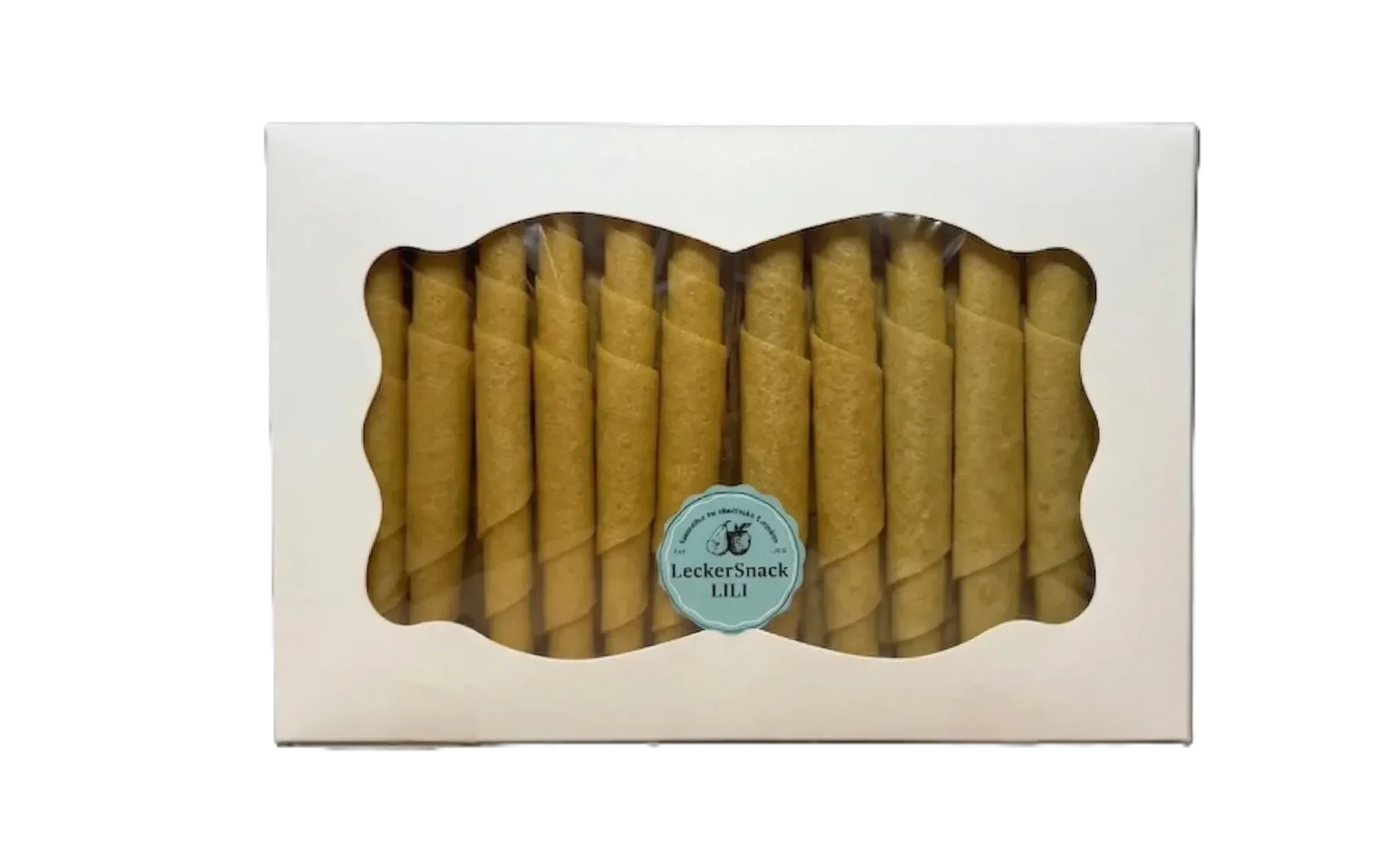 Weiße Fensterbox mit leuchtend orangen Fruchtleder-Rollen und rundem LeckerSnack Lili Siegel.