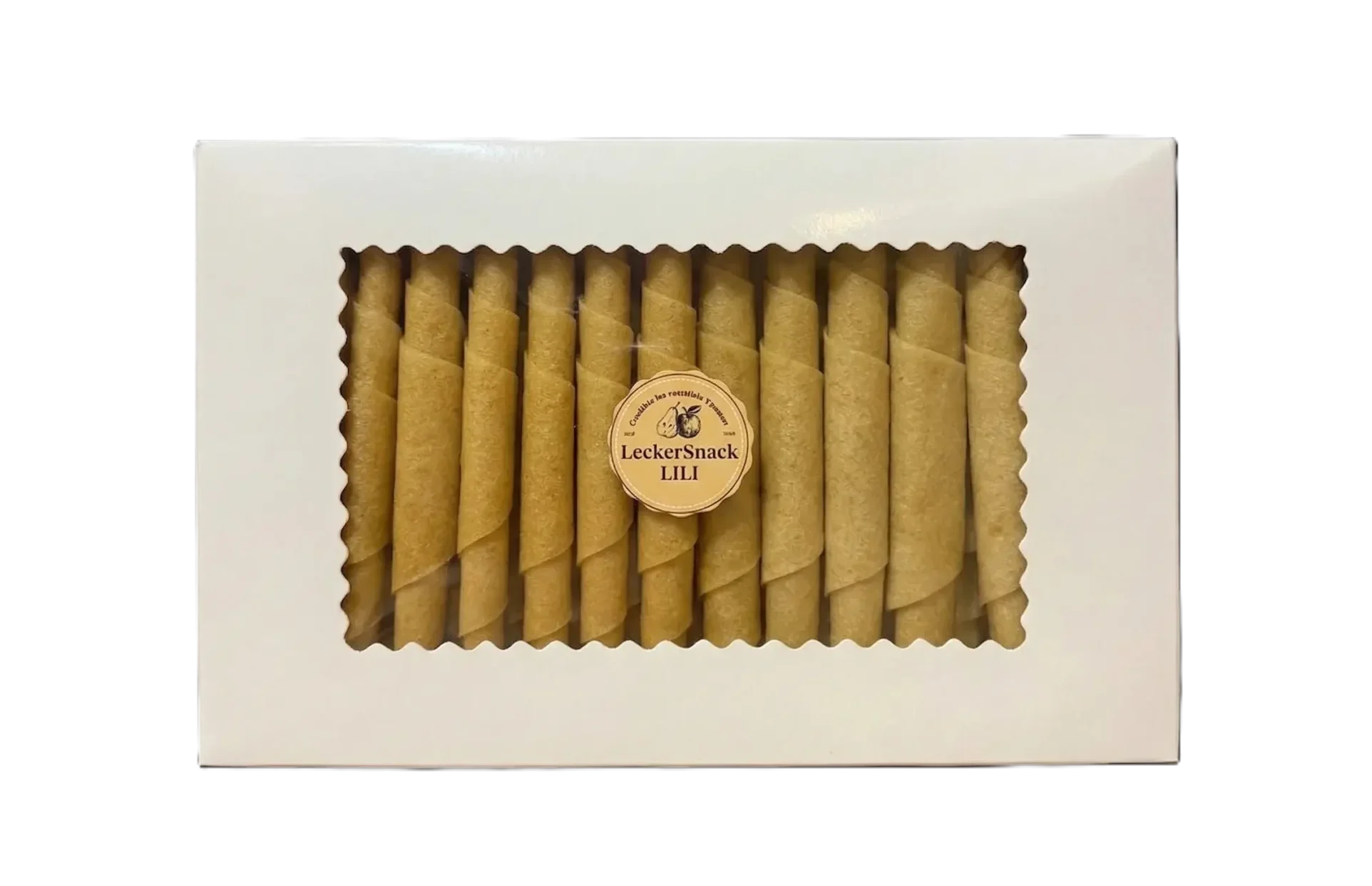 Weiße Fensterbox mit leuchtend orangen Fruchtleder-Rollen und rundem LeckerSnack Lili Siegel.